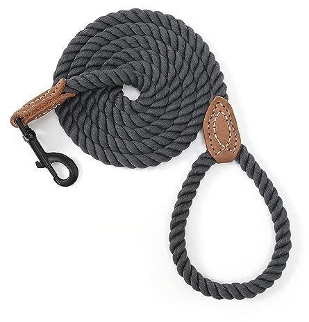 Mile High Life Short Dog Leash | Braided Cotton Rope Dog Leashes with Leather Tailor Tip | 18 Inch Dog Leash w Heavy Duty Metal Clasp | Wedding Dog Leash (Dark Grey, 18 Inches)