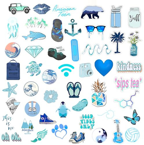 50PCS Adesivi Aesthetic Kawaii, Stikers in Vinile Impermeabile per Bambini, Adesivi Vintage di Fai Da Te per Graffiti Scrapbooking Bici Skateboard Computer Cellulari Caschi Valigia Viaggio (Blu)