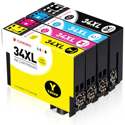 Clywenss 34 XL Druckerpatronen Kompatibel für Epson 34XL Multipack Patronen für Workforce Pro WF-3720 WF-3725 WF-3720DWF WF-3725DWF WF3720 WF3725 Tintenpatronen, 4-Pack (Schwarz, Cyan, Magenta, Gelb)