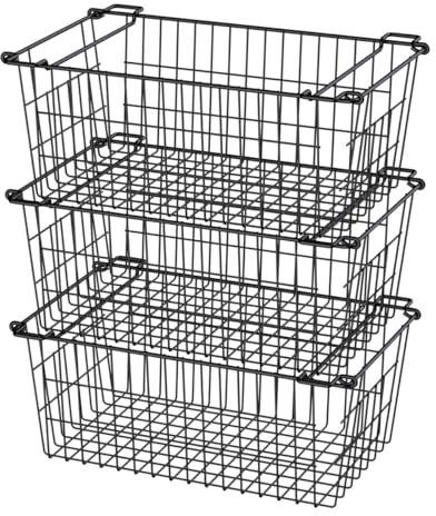 SANNO Stackable Wire Baskets for Storage & Organization. Sturdy Metal Food Bins With Handles - Set of 3, Black