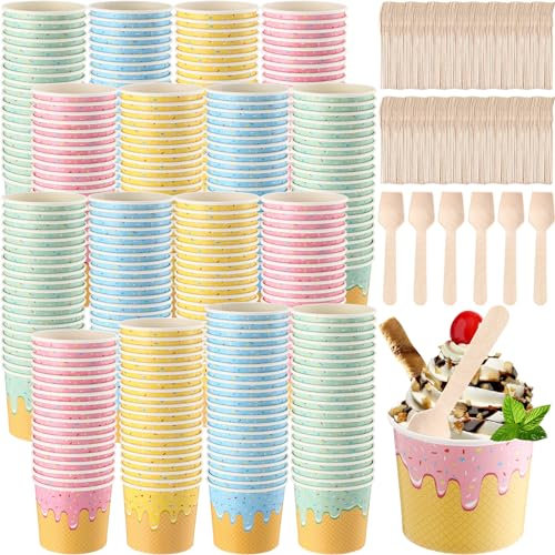 Ninehaoou 300 Stück 170 ml Papier-Eisbecher mit Löffeln, Papier-Dessertbecher, bunte Eisbecher, Einweg-Eisbehälter für heiße Suppe, Sommer, Abschlussfeier, Bar, Partyzubehör