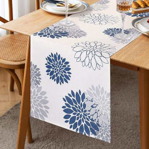 Inhobbok Tischläufer Blau Grau Dahlie Floral Beige 40x140cm Tischläufer Leinen, Modern Attraktiv Bauernhaus Tisch Center Dekor für Kommode Schrank Tisch TV Küche Esstisch Party Bankett Hochzeit