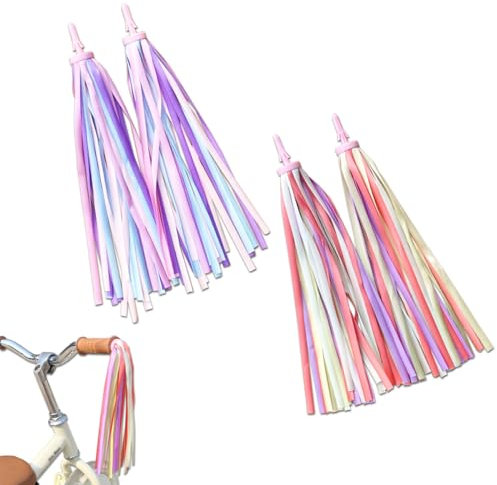 WWYSSZ 2 Paar Lenkerfransen Streamer Bändchen für Kinderfahrrad Kinder Fahrrad Luftschlangen Fahrradlenker Quasten Roller, Bunte Bänder für Mädchen Jungen Rollergriffe, Lila, Rosa, Blau