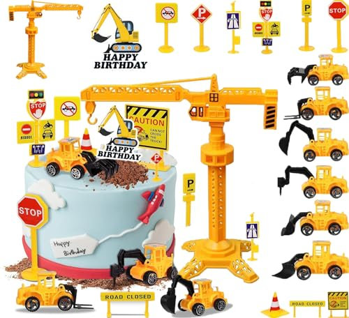QXNDXQ 17 Stück Tortendeko Baustelle,Kuchen Deko Baustelle,Bagger Kuchen Deko,Metall Kunststoff Baustellenfahrzeuge Verkehrsschilder Kinder,Baustelle Spielzeug Kuchen Deko Junge