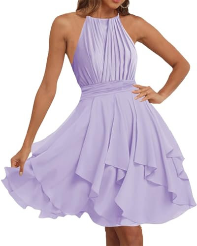 WSEYU Vestidos de fiesta de graduación con cuello halter para adolescentes, vestidos cortos de dama de honor, plisados, de gasa, para graduación, cóctel, fiesta, Z037, Lila, 36