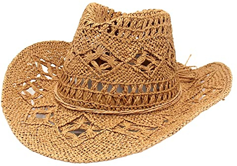 Dubute Women Straw Cowboy Hats Western Cowgirl Hat for Holiday, Foldable Vacation Beach Sun Hat with Wide Brim (Khaki, ONE Size)