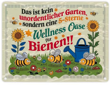 5-Sterne Wellness Oase für Bienen Metallschild in 15x20 cm Mit Illustrationen von Honigbienen auf Blumenwiese