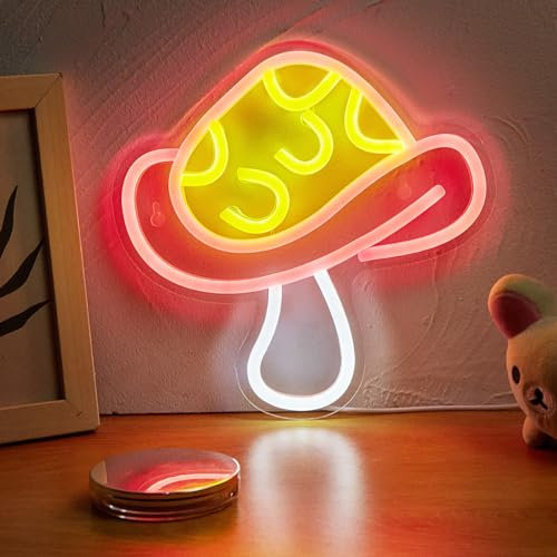 LED Neon Mushroom Cute Neon Sign, USB Powered Neon Signs Night Light, 3D Wall Art & Game room Bedroom Living Room party Decor lamp for Children Kids Girls Boys (red)