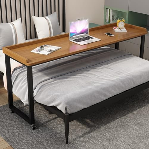 Betttisch über dem Bett, Tisch mit Rollen, Überbetttisch über dem Bett, Schreibtisch, mobiler Schreibtisch, Betttisch mit Rollen, Computertisch für Bett, Überbetttisch, mit Rollen, 120 cm, Teakfarbe1