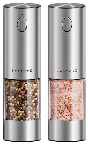 WONMAKE Elektrisches Salz und Pfeffermühlenset, Automatische Salz und Pfeffermühlen, Keramikmahlwerk und einstellbare Grobheit, USB aufladbar, LED Licht