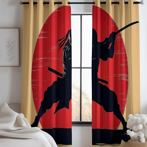CozyRest Blickdichte Vorhänge ösen 2er Set Asiatischer Krieger Muster Gardine Lichtundurchlässig Fenstervorhang Wohnzimmer Schlafzimmer Japan H 214 x B 91.5 cm