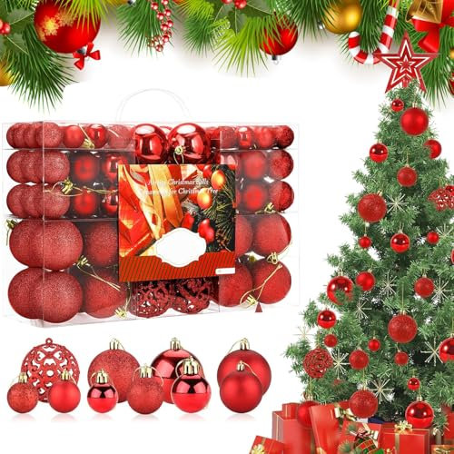 Palline di Natale Rosse, 50 pezzi 3 4 6 cm Palline Albero di Natale, Addobbi Natalizi Albero di Natale Palle di Natale con Cordino per Natalizie, Matrimoni, Feste Compleanno