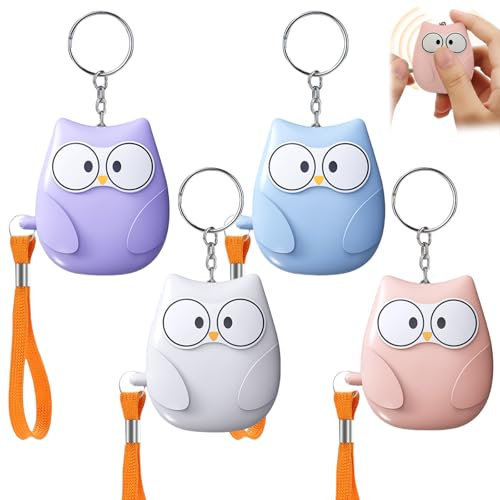 4 Stück Taschenalarm Frauen: 130dB Selbstverteidigung mit LED-Beleuchtung und Schlüsselanhänger, Persönlicher Alarm für Frauen Eulen-Stil für Frauen Kinder Altere Menschen (B)