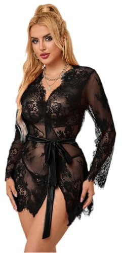lau-fashion Sexy Pyjama Set Spitze Transparent Nachthemd Nachtwäsche Schwarz String S/M/L/XL