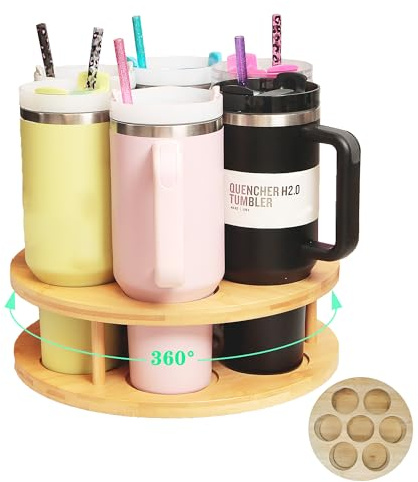 7 Slots Water Bottle Organizer for Stanley Tumbler, Rotatable Stanley Cup Organizer Holder for Kitchen Cabinets, Bamboo Wood Water Bottle Storage Rack for Stanley Cup Accessories
