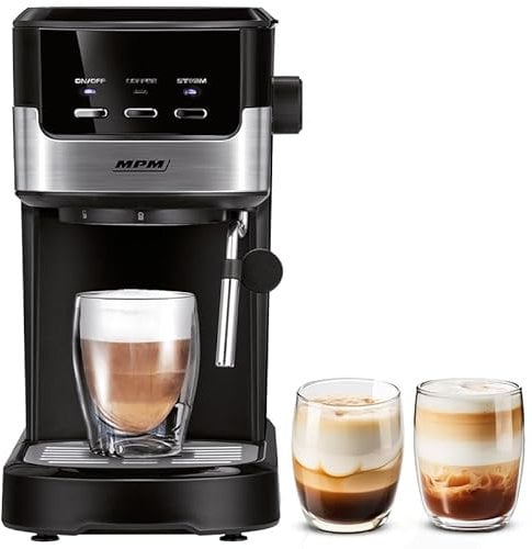 MPM Kaffeemaschine Espressomaschine MKW-13M mit 15 Bar Druck und Milchaufschäumer – Automatisches Espresso Cappuccino und Latte mit Stufenloser Dampfkraftregulierung