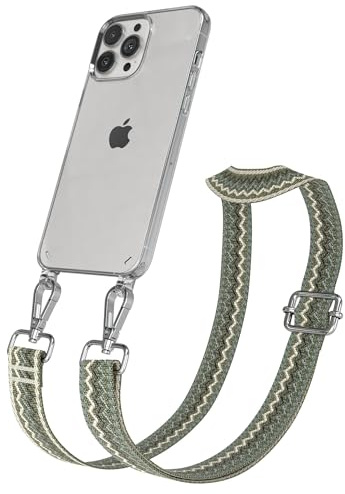 EAZY CASE Handykette - Verstellbares Taschenband kompatibel mit iPhone 13 Pro Max, Schulterriemen, Handykordel mit Silikon Hülle, Umhängetasche, Grün Beige Silber