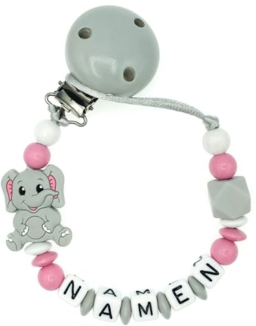 Nuckelkette mit Namen  ELEFANT  Hellgrau Babyrosa Weiß/Baby/Unisex/Personalisiert/HANDMADE