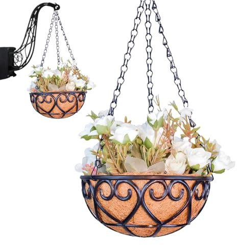 Paniers suspendus de jardin, doublure en coco pour paniers suspendus, panier suspendu rond, pot rond en résine, panier suspendu, panier suspendu, pour intérieur et extérieur, jardin, porche, balcon