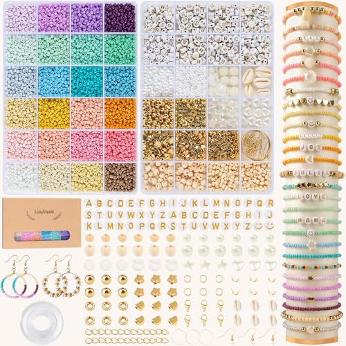 ARTREE 3mm Perlen für Armbänder 24 Farben Perlen zum Auffädeln Perlen Set mit Buchstabenperlen, Armband Selber Machen Perlenset für DIY Halsketten Handwerk Armbänder Schmuck