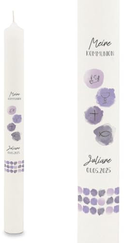 GRAVURZEILE Bedruckte Stabkerze - Watercolor - Personalisiert mit Name & Datum - Geschenk zur Taufe, Kommunion oder Konfirmation - Für Jungen & Mädchen - Altarkerze 400/40 mm - Lila