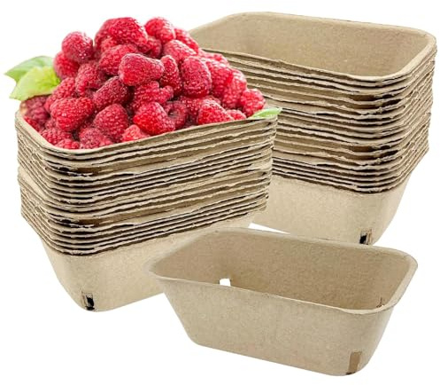 Berry Pulp Fiber Basket - 50 Piece Natural Fruit Container, Small Tray | Ventilated Cardboard Container For Packaging, Compostable Container For Fruits And Vegetables, Box Of