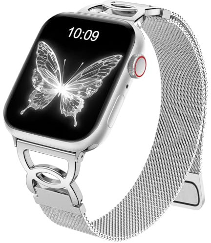 Mastten Schmal Metall Magnetisch Armbänder Kompatibel mit Apple Watch SE Armband 40mm 41mm 42mm 38mm, Elegant Edelstahl Metallarmband für iWatch Series SE 10 9 8 7 6 5 4 3 Damen Herren, Silber