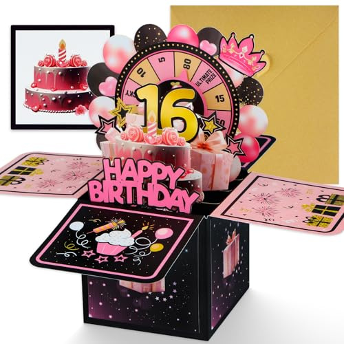 DISJOURNEY 16.Geburtstagskarte - 3D Pop Up Karte Geburtstag mit Umschlag - Happy Birthday Karte - Kreative Geschenke-Karte zum 16. Geburtstag für Mädchen Junge