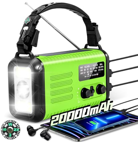 Solar Kurbelradio 20000mAh Notfallradio mit Powerbank, UKW/AM/WB Radio, 2 USB Ausgänge, Taschenlampe 3 Modi, LED Leselampe, 120dB SOS Alarm, Kompass, IPX3 wasserdicht, für Blackout & Camping