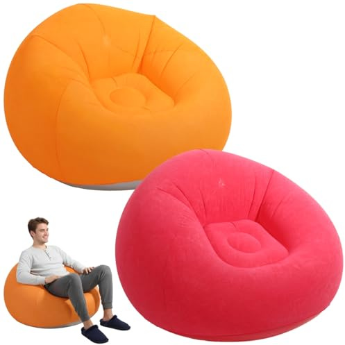 OMISTAR 2 Pcs Inflatable Lazy Sofa Chairs, 41.3 in Inflatable Bean Bag Chairs Set, Portable Inflatable Chair for Adults Youngsters, Indoor Outdoor Lounging, Red & Orange