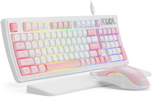 SABLUTE Tastiera e mouse da gioco con cavo, tastiera e mouse meccanici retroilluminati RGB, manopola multimediale e poggiapolsi ergonomico anti-ghosting in pelle premium per gioco (rosa)