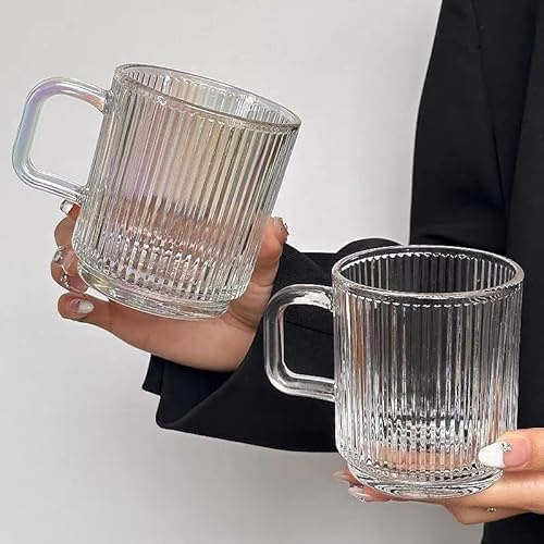 Set of 2,Premium Glass Coffee Mugs with Vertical Stripes, Tea Glasses for Hot/Cold Beverages, Perfect Design for Americano,Cappuccino,Latte or Tea and Beverage, 340ml (Dazzling Color-Transparent)