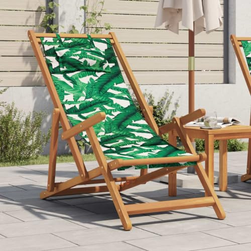 Mandloder Strandstuhl Klappbar Hochlehner, Massivholz Eukalyptus & Stoff, Blattmuster Design, Outdoor Gartenmöbel Set mit Kissen, Verstellbar für Terrasse Balkon, Max 110 kg