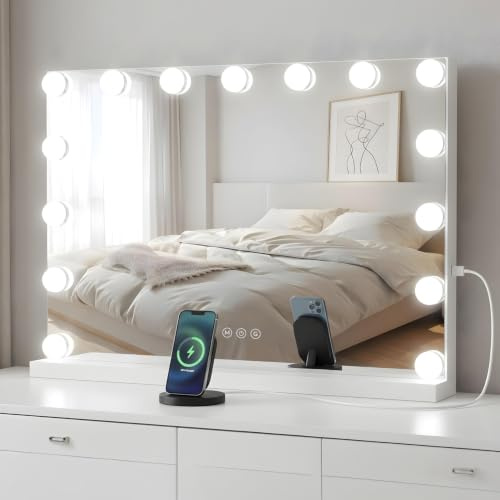 Marctani Espejo de Maquillaje con Luz - Espejo de Mesa o Pared con 3 Tipos de Luz y 15 Bombillas Regulables - Espejo Tocador para Habitacion con USB Puerto de Carga - Espejo Maquillaje Grande