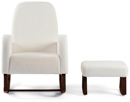 Kiddies Kingdom Amana Aura Nursing Chair & Stool - Snow White | Ergonomic Boucle with Matching Footstool | Comfortable for Feeding | Modern Design with Gentle (Snow White/Dark Wood, Nursing Chair)
