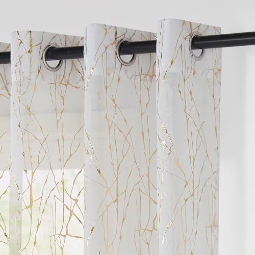 PONY DANCE Linen Look Voile Curtains with Gold Branch Pattern - Net Curtains for Windows 52 x 84 Inches for Bedroom/French Door, Eyelet Sheer Panels Semi Transparent Window Treatment, Set of 2