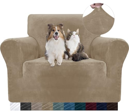 YSTELLAA Samt Sofa Überzug 1 Sitzer, Stretch Sesselhusse Universal, Sofaschoner rutschfest, Sofa Covers Mit Armlehne, Couch Bezug Schutz Katze, Waschbare Couchschoner, Kamel