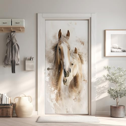 Cheval Poster de Porte 3D Trompe L'oeil 73x205 cm, Chevaux Auto-Adhésif Sticker Porte pour Chambre Cuisine, Art Animal Stickers Autocollants de Porte (y1T273)