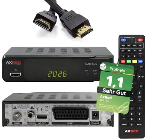 [ Test SEHR GUT, Note 1.1 *] AXRED S90 Plus Sat Receiver + HDMI Kabel, mit Aufnahmefunktion, HD fähig, Digital Sat-Receiver für Satellitenschüssel Satelliten Satellit Fernseher, HD-Receiver, HDMI