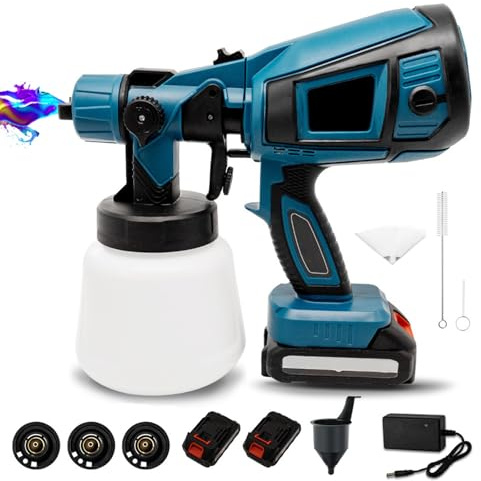 Paint Sprayer 36000Rpm, 1000Ml Cordless Electric Spray Gun with 2 Batteries & 3 Nozzles, Pure Copper Spray Nozzle, Adjustable Flow Control, Spray Paint Gun for House, Fence, DIY Painting