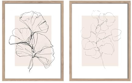 STYLER Bilder Set Floral 2x 30x40 cm (AUFHÄNGFERTIG) mit hochwertigem Rahmen – Zarte Blumenlinien für Ihr Zuhause – Beige Boho Minimalistisch Botanisch