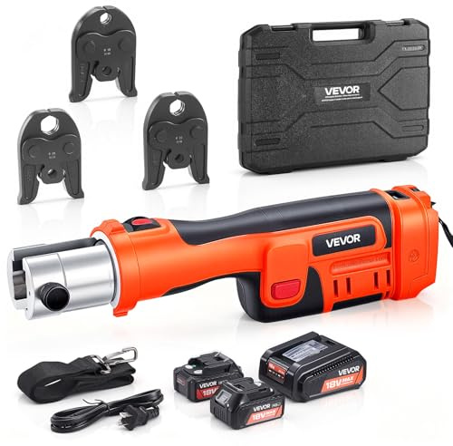 VEVOR Pinza Crimpatrice Elettrica Idraulica da 18 V con Ganasce M15, M22, M28 per Tubi in Acciaio Inox, Utensile di Crimpatura Elettrico con 2 Batterie da 4 Ah, Forza 32 kN e Valigetta per Trasporto
