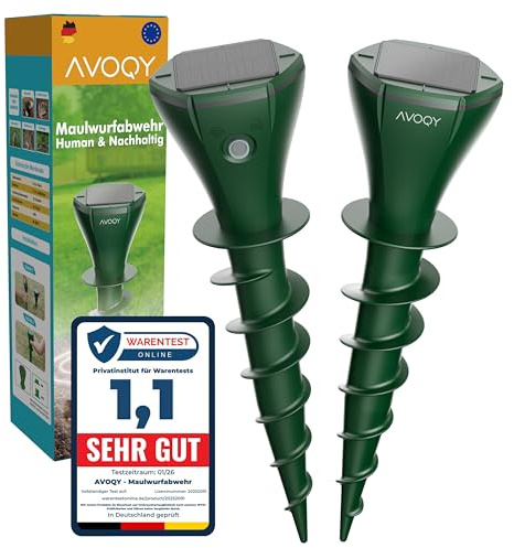 AVOQY Maulwurf Vertreiber Solar [2er-Set] – Ultraschall & Vibrations Maulwurfschreck gegen Maulwürfe und Wühlmäuse, IP65 Wasserdicht, Wetterfest & Tierfreundlich für Garten und Rasen