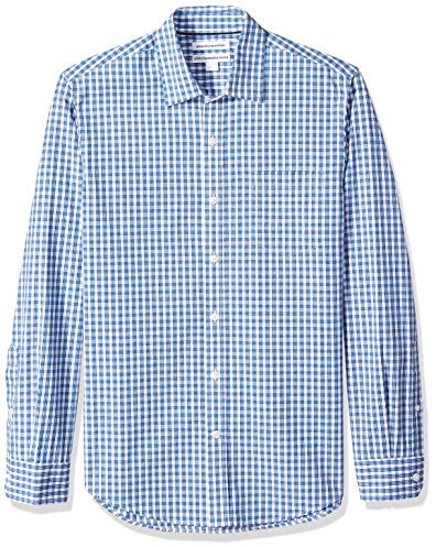Amazon Essentials Chemise en Popeline à Manches Longues Coupe Ajustée Homme, Bleu À Carreaux, L