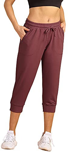 icyzone Damen Jogginghose 3/4 Sporthose Laufhose Loose Fit Sweathose Casual Capri Hose (M, Wine)