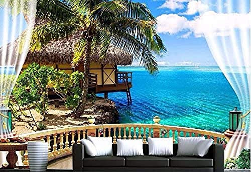 XiuTaiLtd 3D Mural Wallpaper Hd Balcony Window Beach Sea Hut Vacation Background Custom Photo Wallpaper -150x105 CM