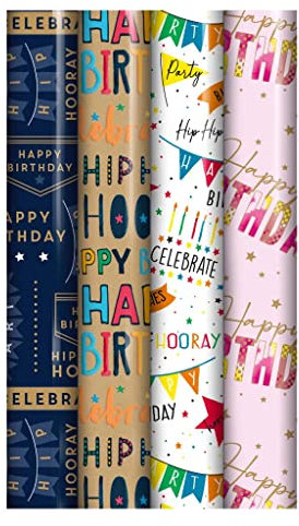 Karrma Ltd. Pack of 4 x 3M Happy Birthday Gift Wrapping Paper roll - Perfect for Birthday, Festival, Party or Wedding Gift and Festive Decoration