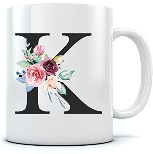 HotScamp Letter K Floral Initial Flowers Watercolour Monogrammed Mug for Tea and Coffee - Florals Pretty Vintage Wedding Monogram Work School WFH Home Office Girl Boss Mum One Size Natural