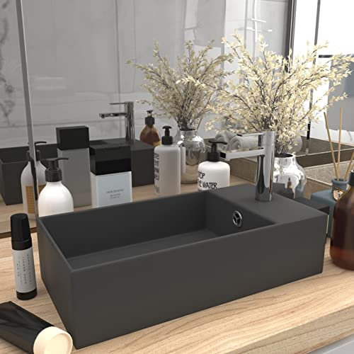 Leepesx Badezimmer-Waschbecken mit Überlauf, Handwaschbecken, Spülbecken, Ablaufgarnitur, Waschtisch, Waschschale, Keramik Dunkelgrau
