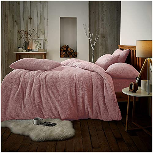 Teddy Bear Fleece Double Duvet Cover Set – 2 Pillowcases, Luxury Soft & Cosy Thermal Fluffy Bedding, Comforter Cover for Winter, Pink